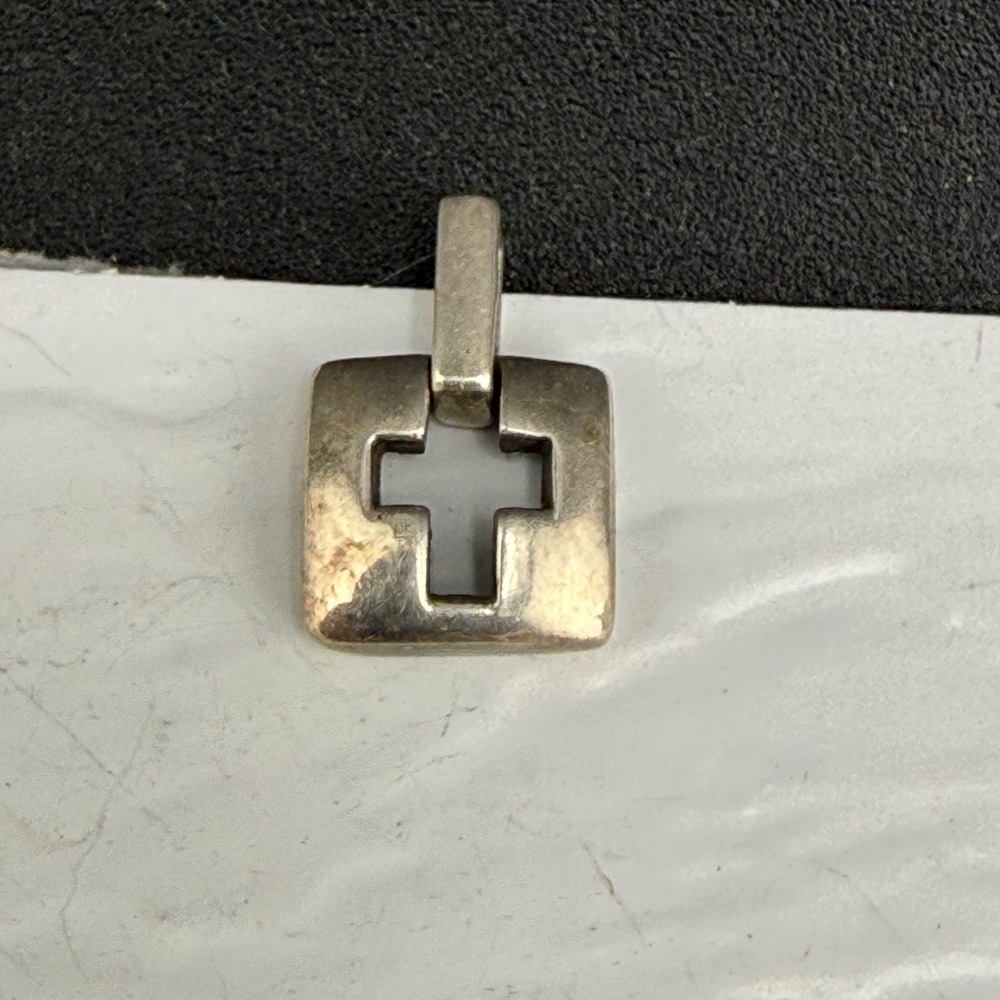 Vintage Estate Cross Charm Silver Square Religious Cutout Pendant Small
